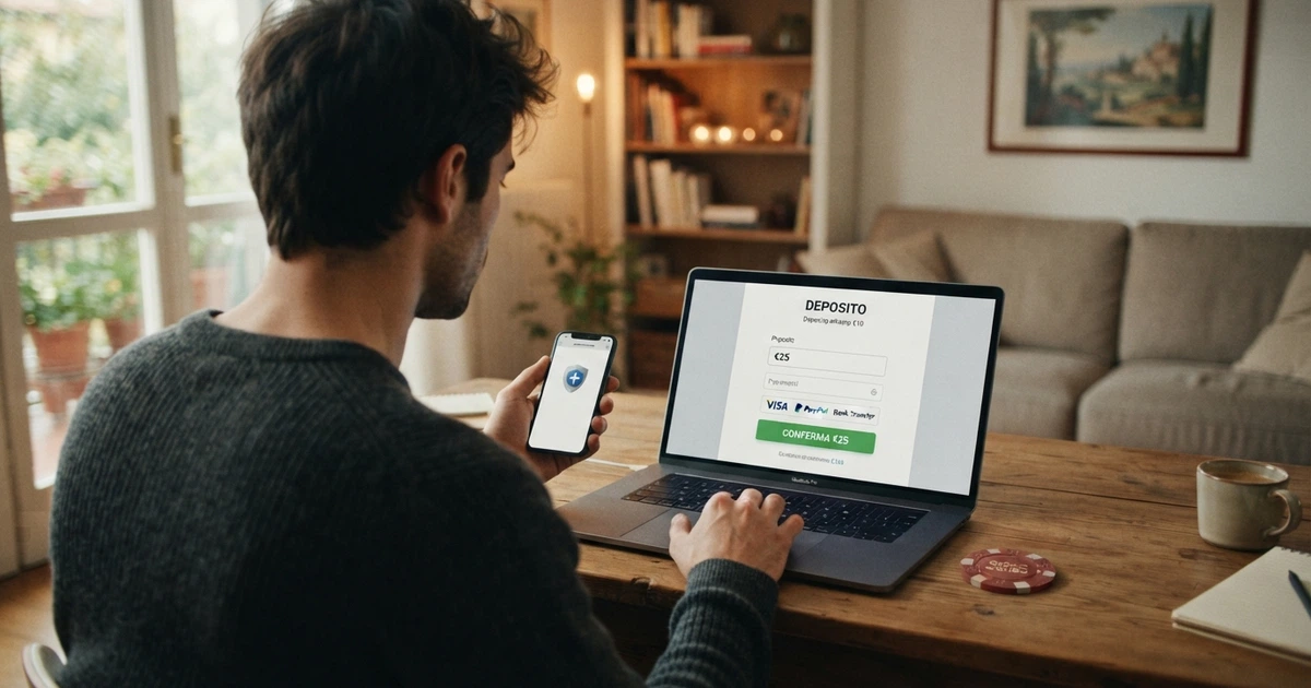 Un giocatore consulta il telefono davanti allo schermo di un computer portatile con la schermata di deposito di un casinò online aperta, sullo sfondo un ambiente domestico