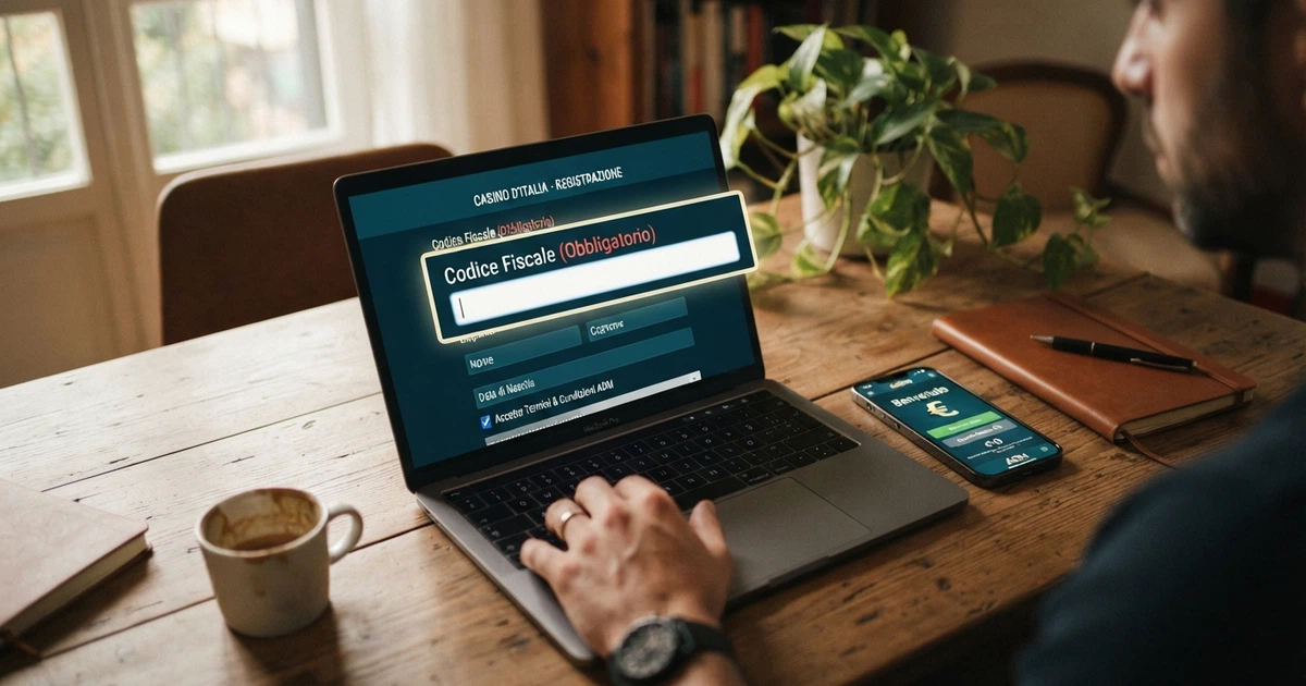 Un primo piano di una schermata di registrazione di un casinò online con il campo «codice fiscale» in evidenza, affiancato da uno smartphone con l'interfaccia in italiano.