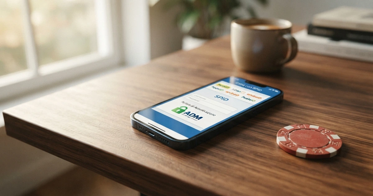 Un'interfaccia di accesso SPID su schermo con il logo ADM, una carta d'identità elettronica accanto e un lucchetto di sicurezza visibile