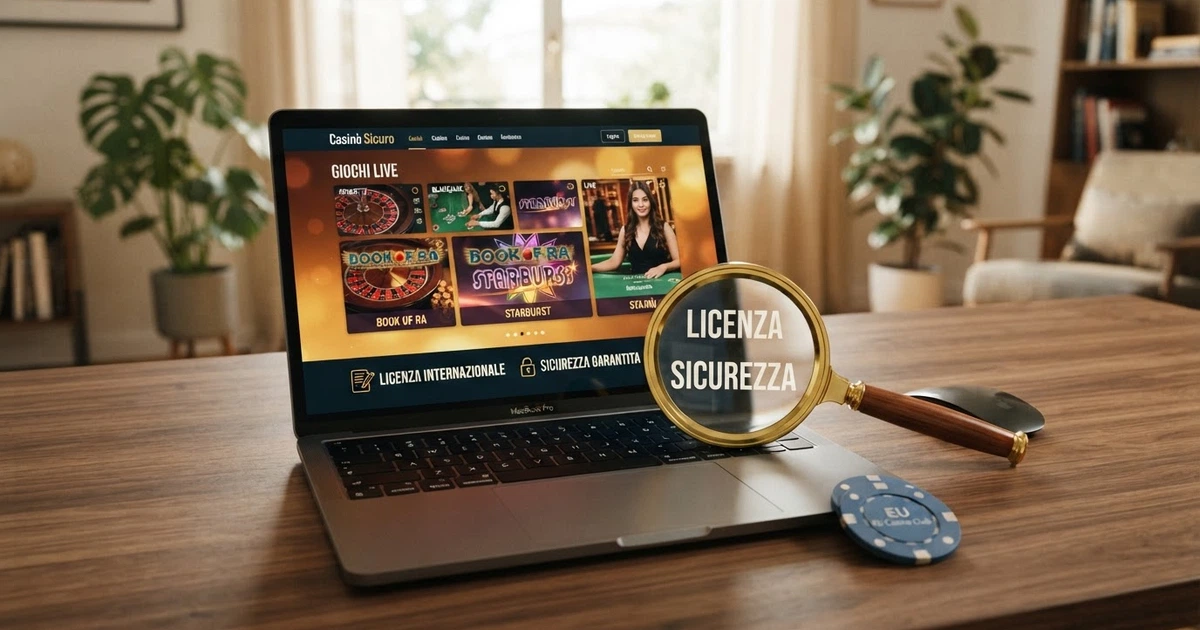 Un tavolo da gioco virtuale con la schermata di un casinò online aperta su un laptop, sullo sfondo una lente di ingrandimento che simboleggia la verifica e la sicurezza