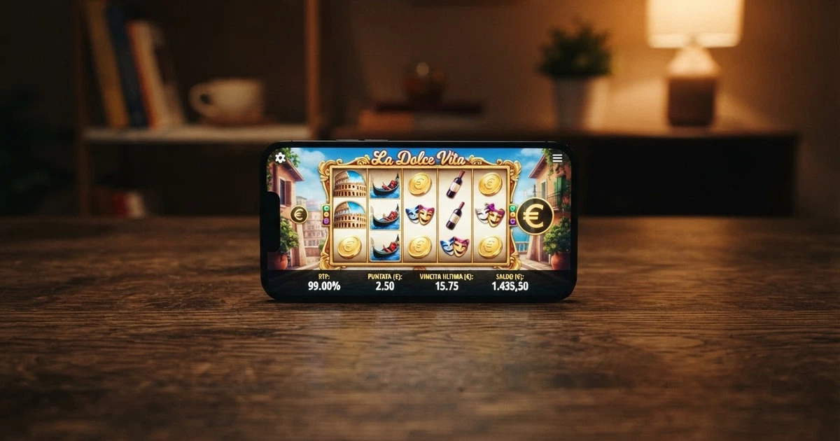 Primo piano di una slot machine online accesa, con il pannello informazioni aperto a mostrare la percentuale RTP