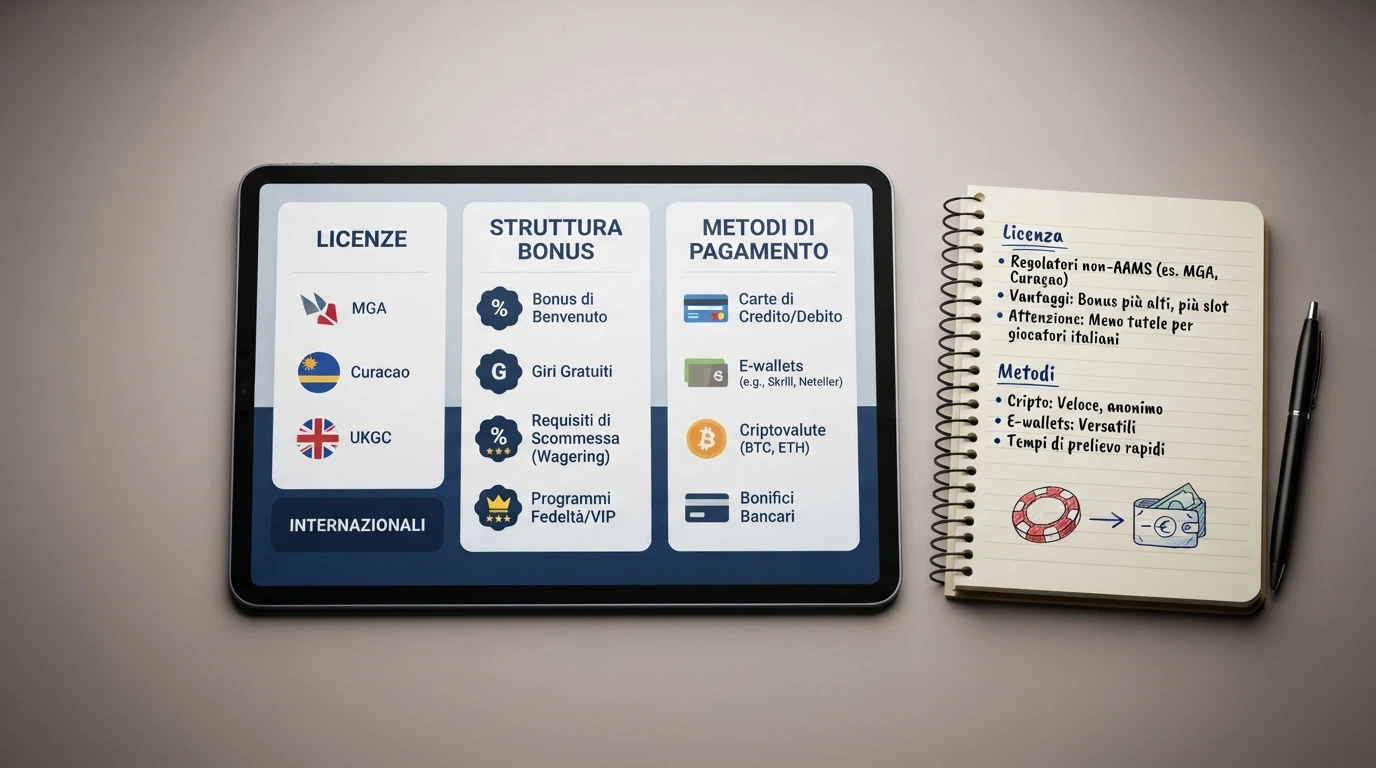 Una tabella comparativa stilizzata su uno schermo con le icone delle licenze internazionali e delle criptovalute accettate, affiancata da un blocco note con appunti manoscritti
