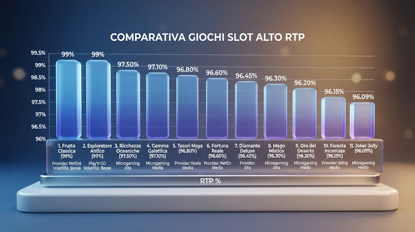 Undici slot disposte in ordine decrescente di RTP con l'indicazione della percentuale, del provider e della volatilità accanto a ciascuna