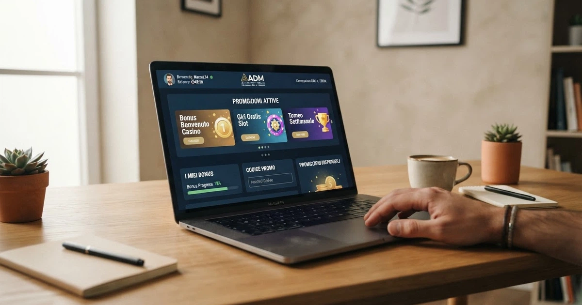 Uno schermo di computer con l'area promozioni di un casinò online italiano aperta, dove si vedono le voci «I miei bonus», «Codice promo» e «Promozioni attive».