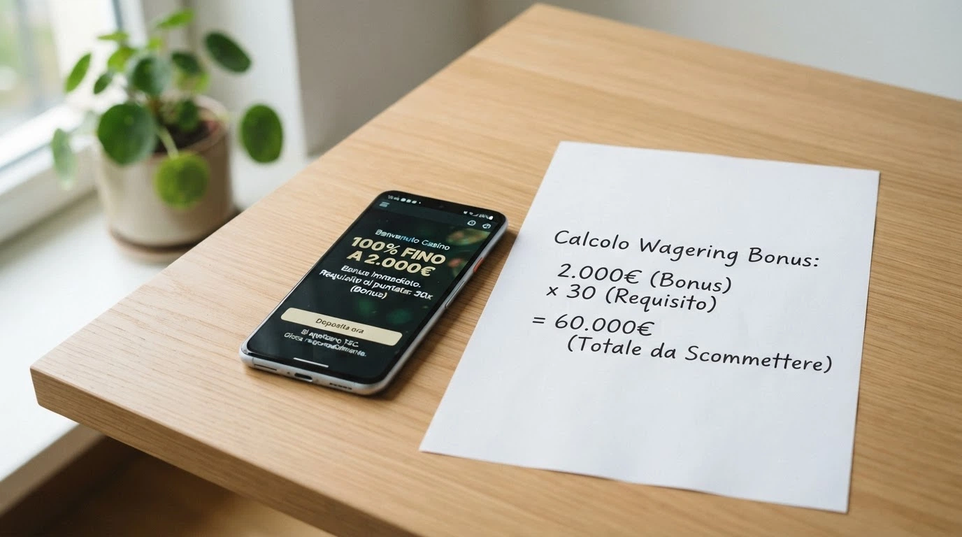 Un primo piano di una schermata di benvenuto di un casinò mobile con l'importo del bonus in evidenza e, in trasparenza, il moltiplicatore del requisito di puntata