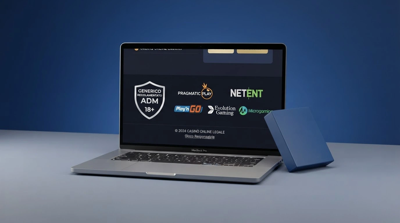 Logo e schermata di un casinò online con licenza ADM, con il numero di concessione visibile nel footer del sito
