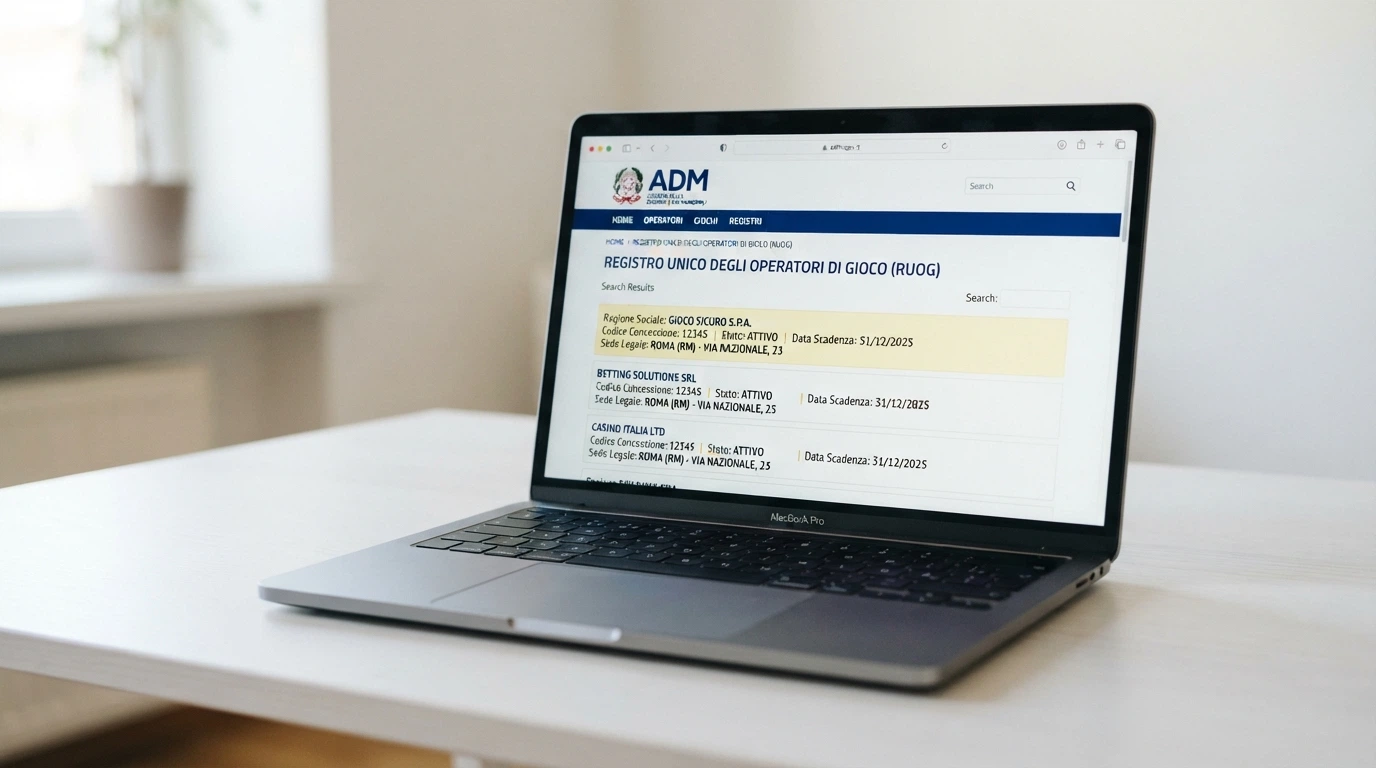 Un estratto del registro ufficiale dei concessionari ADM con evidenziato un operatore autorizzato