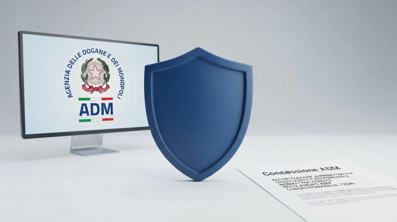 Il logo dell'Agenzia delle Dogane e dei Monopoli su uno schermo, affiancato da un documento ufficiale con timbro e dalla dicitura «concessione» in evidenza