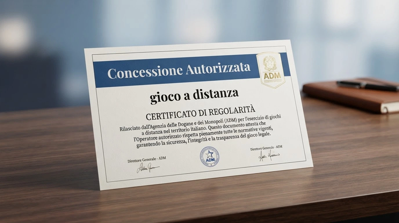 Il logo ufficiale dell'Agenzia delle Dogane e dei Monopoli accanto alla dicitura «concessionario autorizzato al gioco a distanza», su sfondo istituzionale pulito