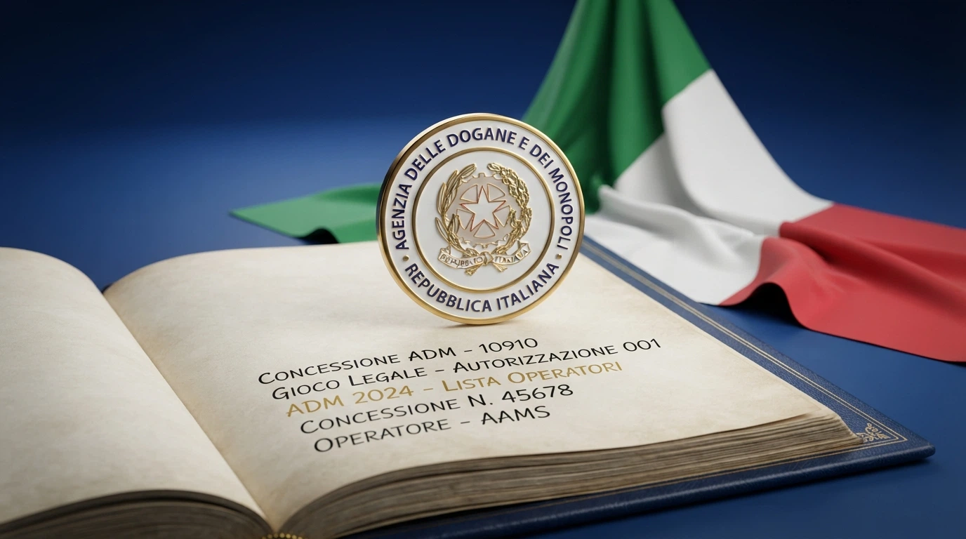 Il logo ufficiale dell'Agenzia delle Dogane e dei Monopoli (ADM) accanto a un estratto del registro dei concessionari con alcune concessioni in evidenza; sullo sfondo, la bandiera italiana.