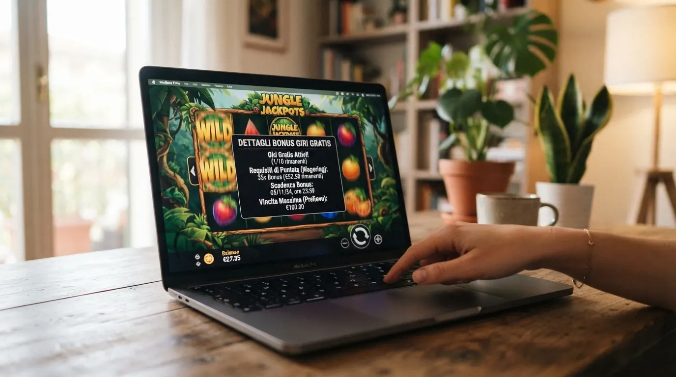 Un primo piano di una slot machine online con un contatore di free spin attivi e una finestra con i termini del bonus in sovrimpressione