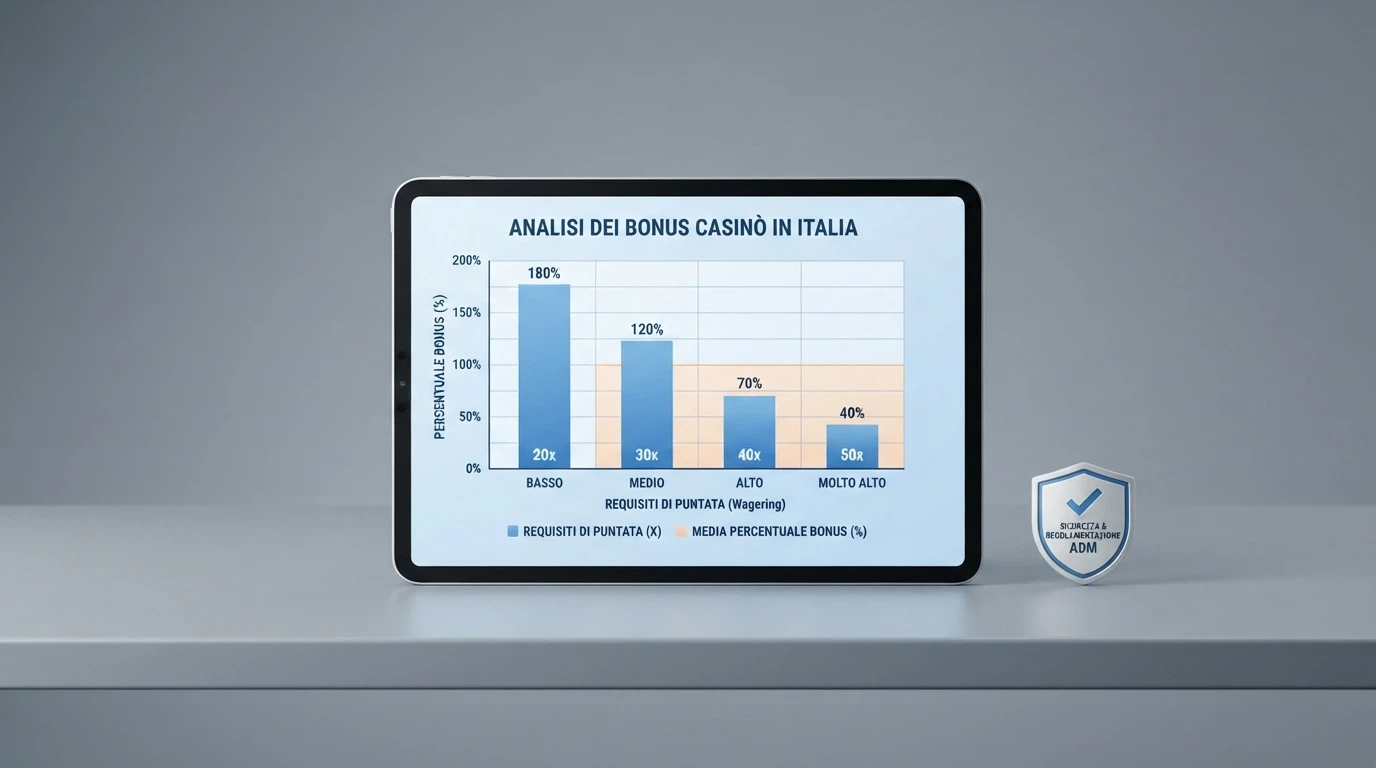 Una tabella comparativa stilizzata su schermo con le colonne dei bonus, accanto il logo ADM e il simbolo del lucchetto di una connessione sicura