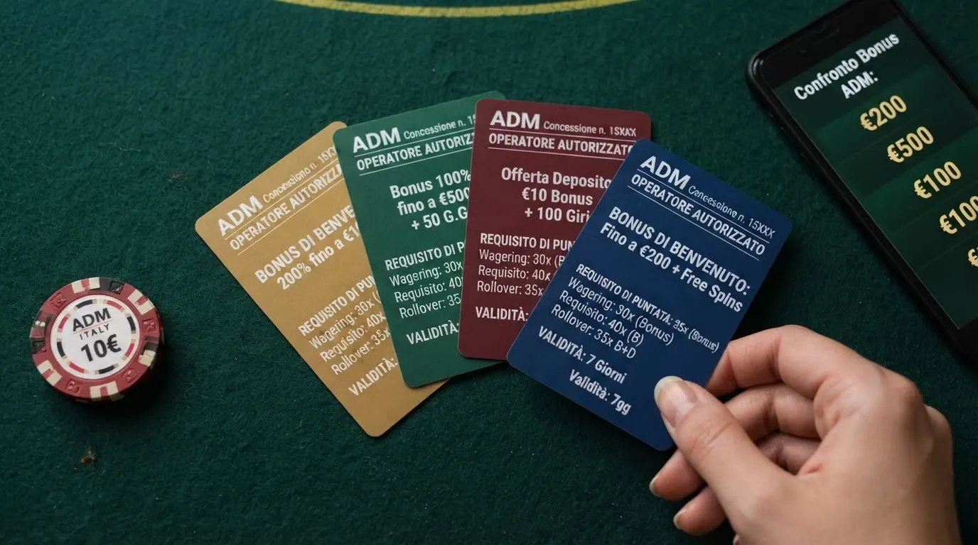 Una vista d'insieme con le carte di benvenuto di quattro operatori ADM recensiti, ciascuna con l'importo del bonus, il requisito di puntata e la validità in evidenza