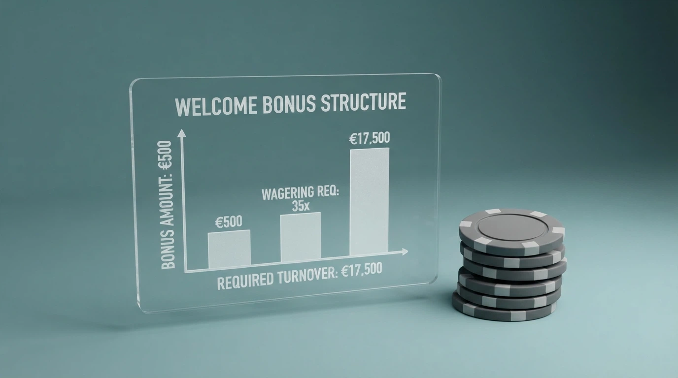 Uno schema grafico che mostra la struttura di un bonus di benvenuto con deposito: importo del match, free spin, wagering e massimale di prelievo