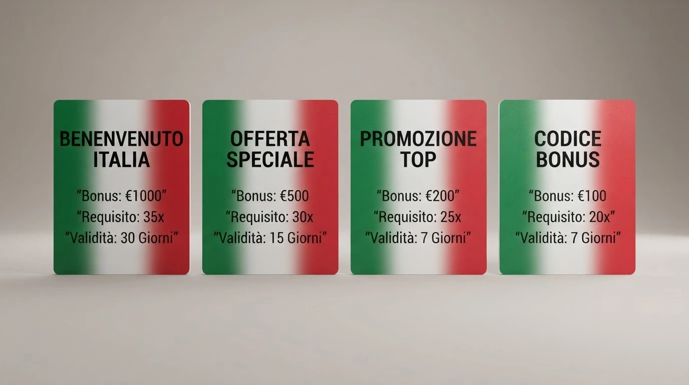 Un confronto visivo tra quattro offerte di bonus senza deposito con icone che mostrano l'importo, il wagering e la validità in giorni