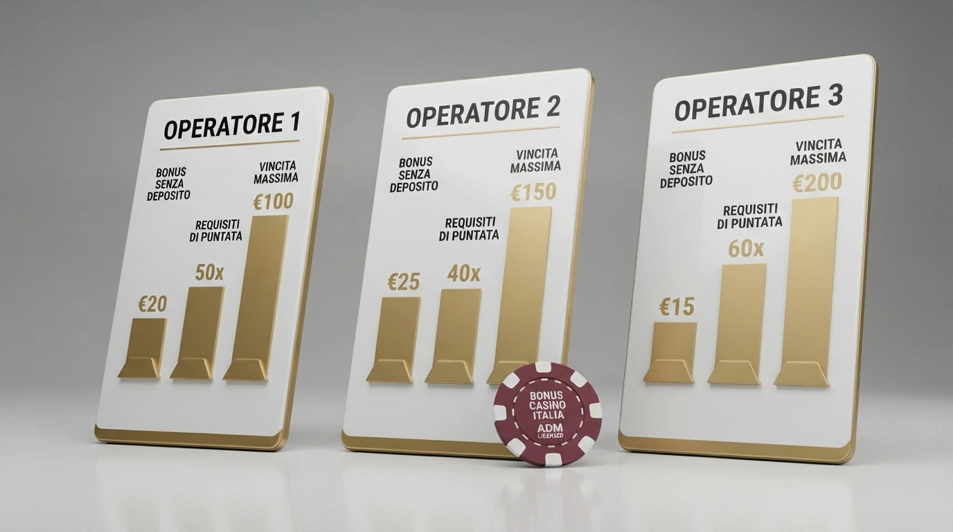 Tabella comparativa con i nomi degli operatori, i valori dei bonus senza deposito e i free spin disponibili, affiancati per un confronto immediato