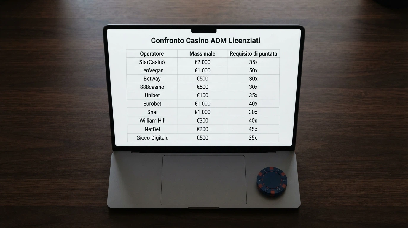 Schermata di confronto tra casinò online con licenza ADM, evidenziate le condizioni dei bonus high roller