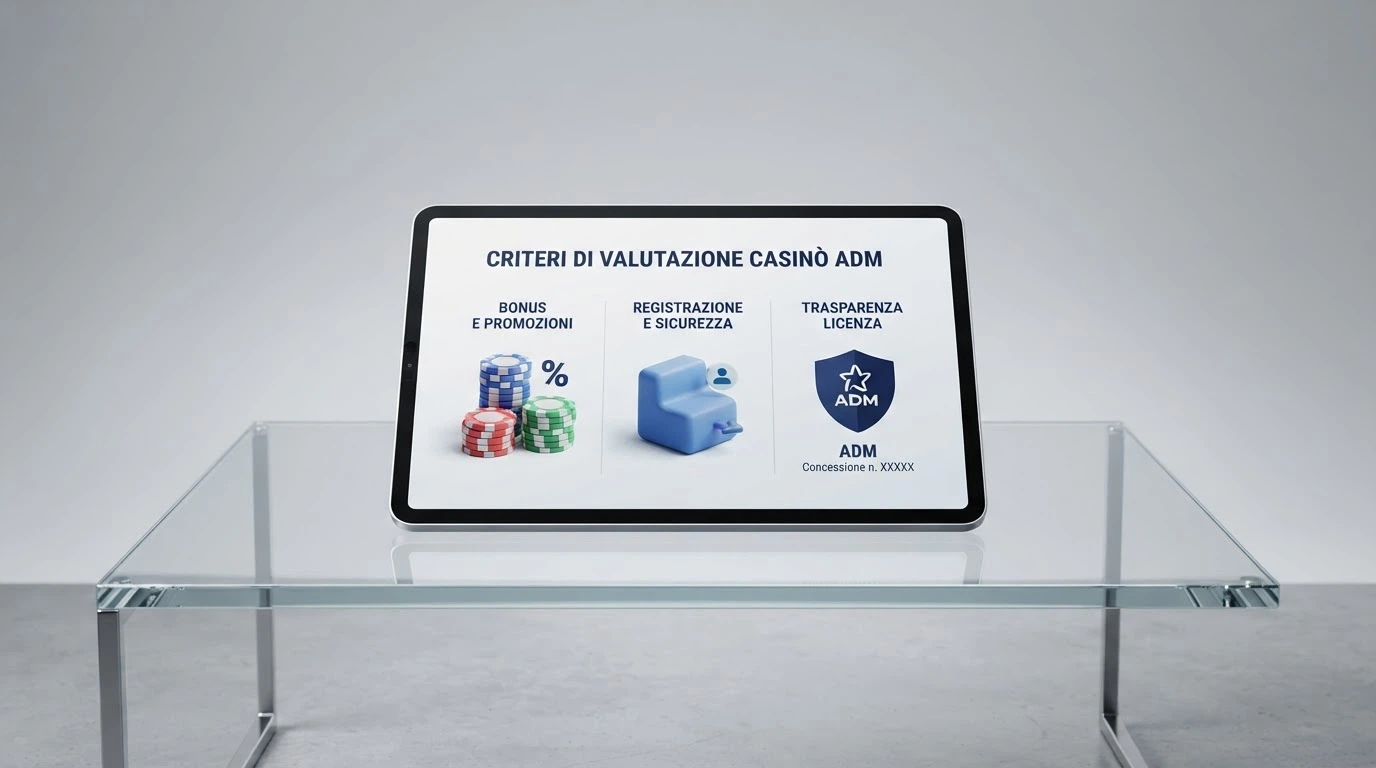 Tabella comparativa dei casinò ADM recensiti con colonne per bonus di benvenuto, concessione e condizioni