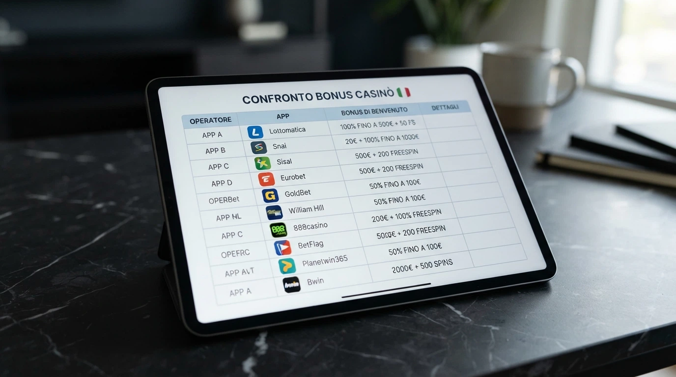 Una schermata comparativa che mostra le icone delle app dei casinò Android recensiti, disposte in griglia con il nome dell'operatore e l'importo del bonus di benvenuto
