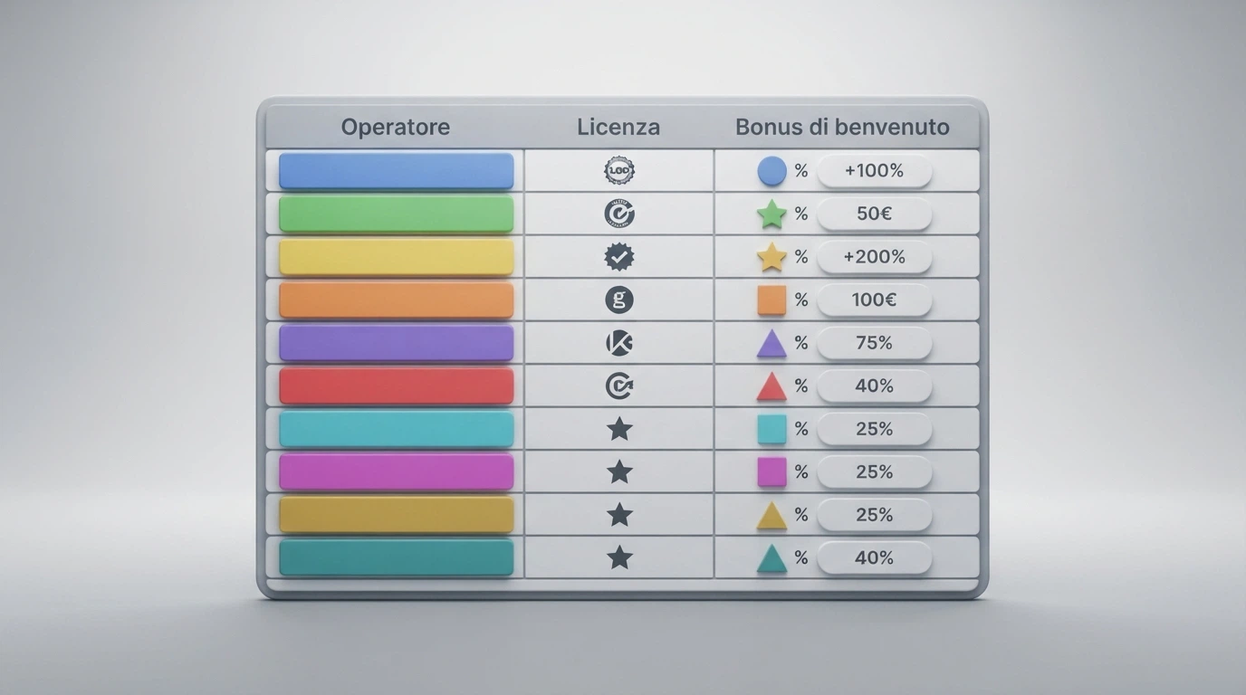 Una tabella comparativa stilizzata con licenze, bonus e condizioni di puntata dei principali casinò non AAMS che accettano Maestro