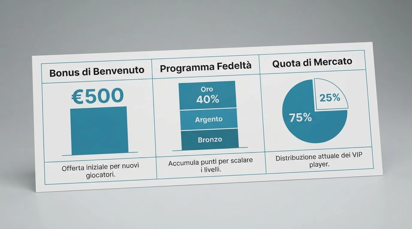 Una tabella comparativa stilizzata con loghi dei casinò ADM, affiancati da indicatori di bonus, programma fedeltà e quota di mercato