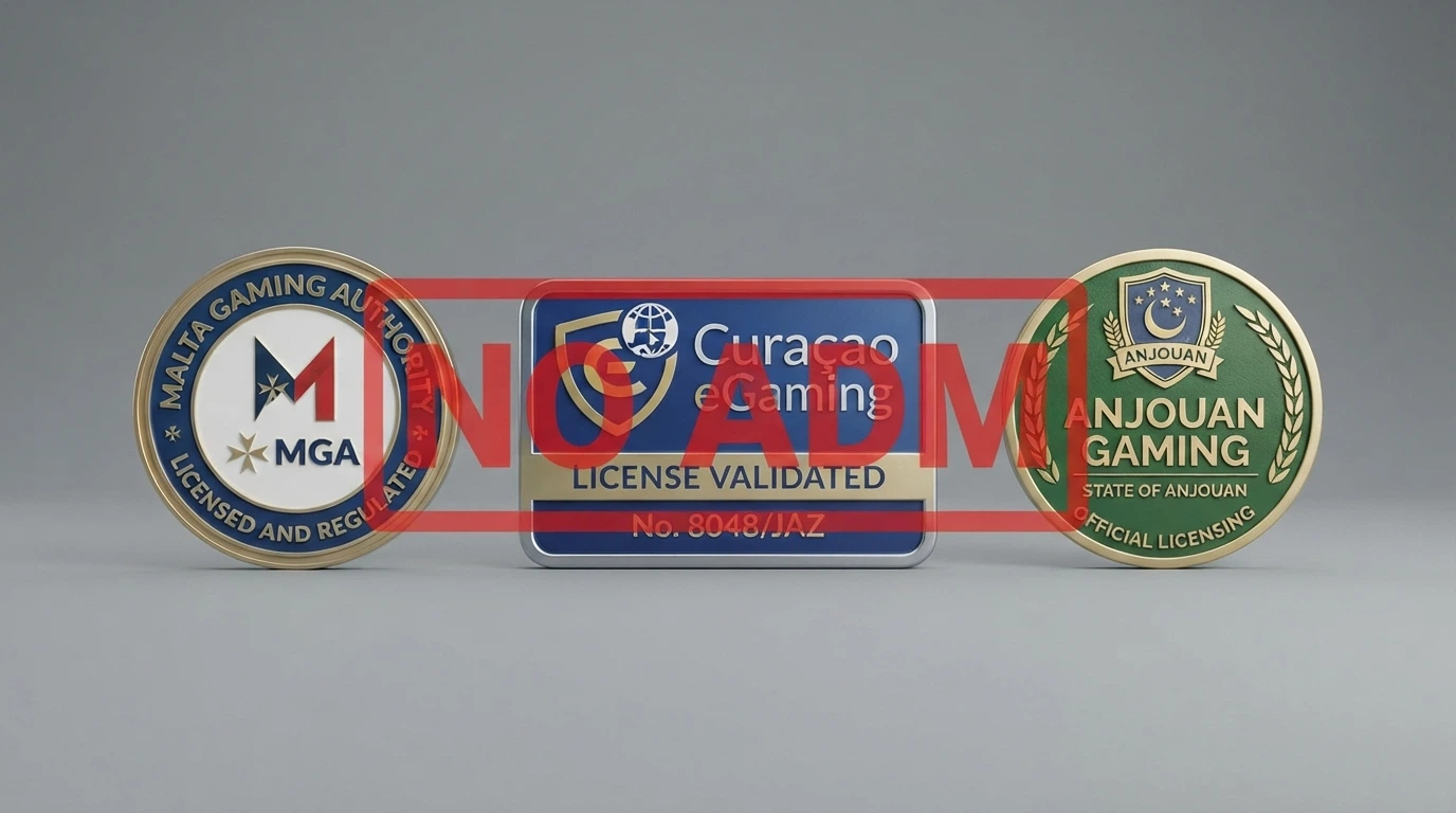Tre badge di licenza affiancati — Malta Gaming Authority, Curaçao eGaming, Anjouan Gaming — con il bollino rosso «NO ADM» che li accomuna
