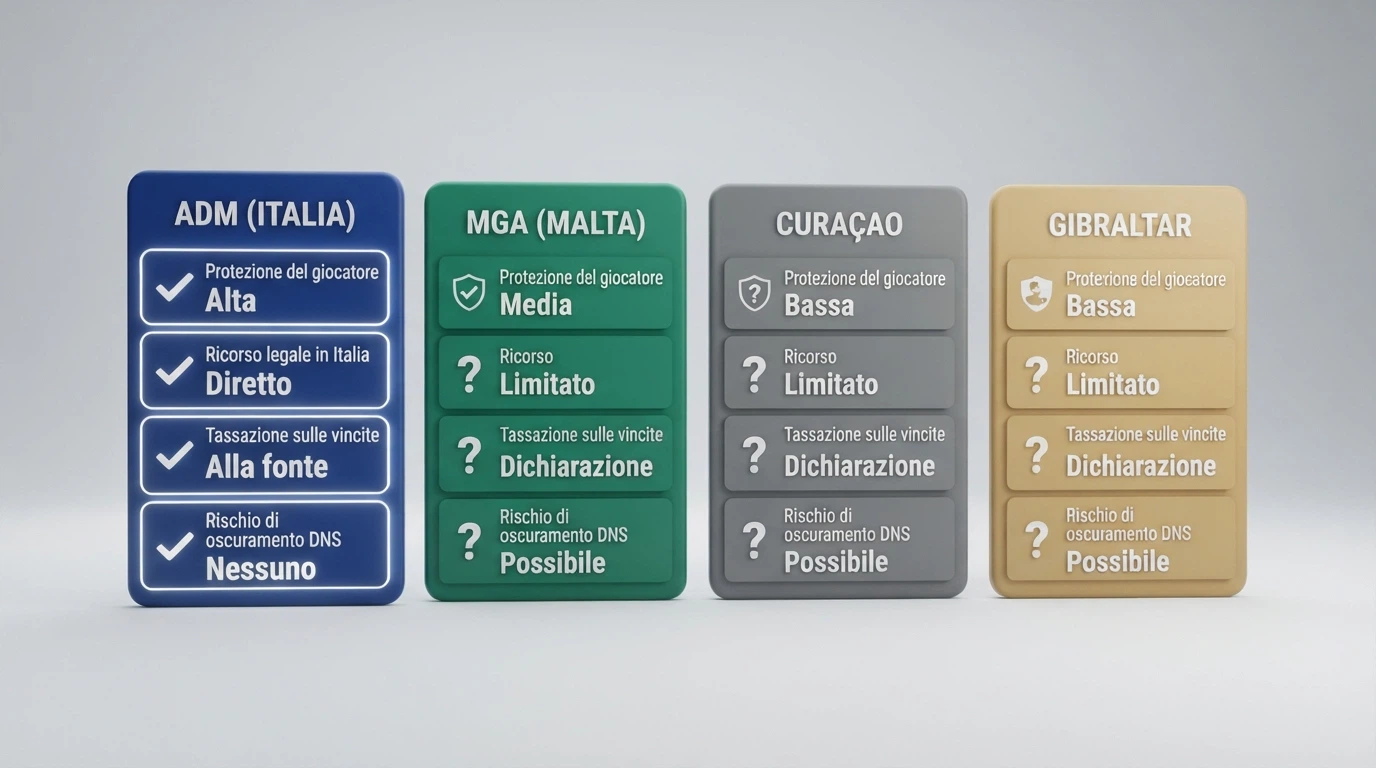 Schema comparativo delle quattro licenze (ADM, MGA, Curaçao, Gibilterra) con icone per protezione giocatore, tutele legali, tassazione e rischio oscuramento