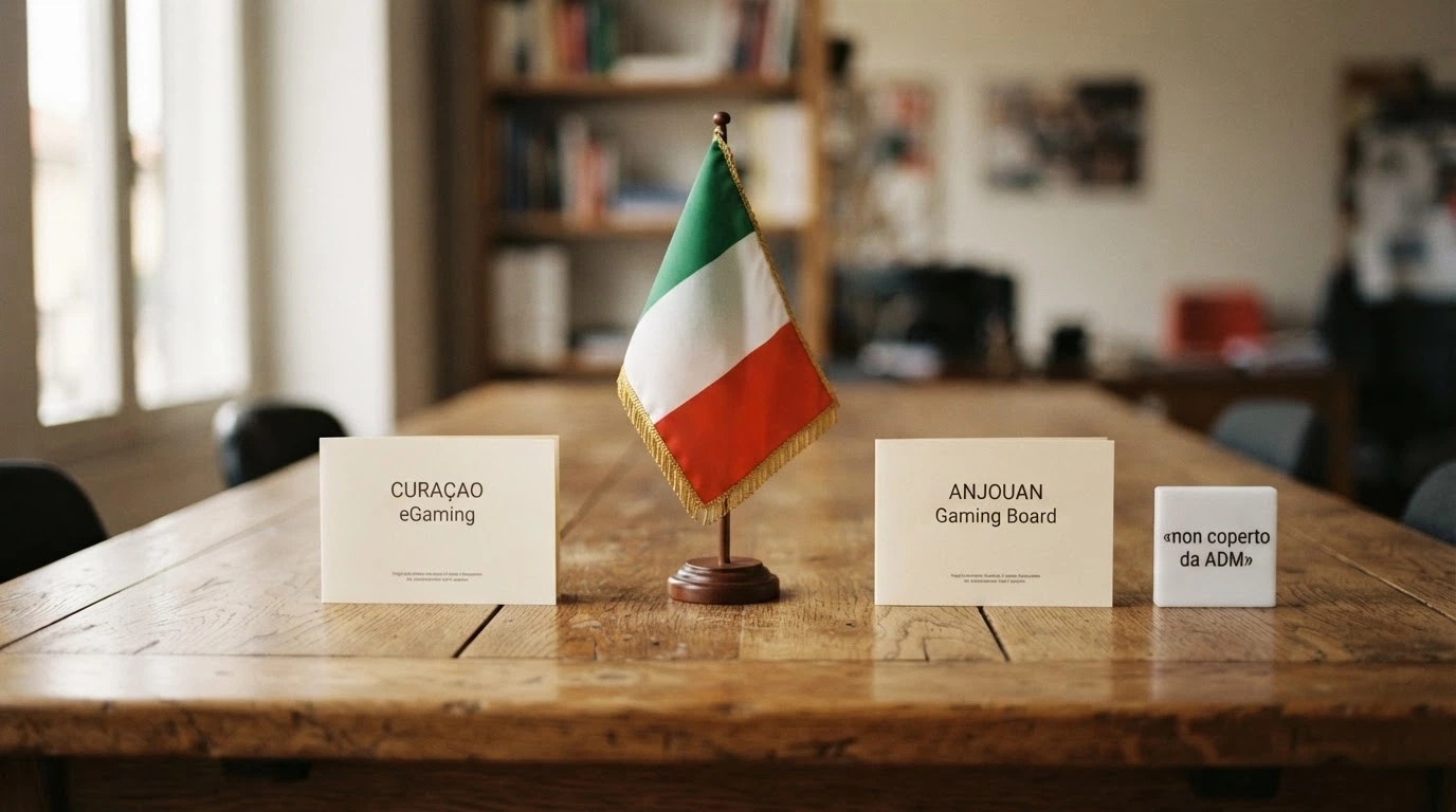 Una mappa concettuale che mostra i loghi delle licenze Curaçao e Anjouan accanto alla bandiera italiana, con una freccia che collega la licenza al bollino «non coperto da ADM»