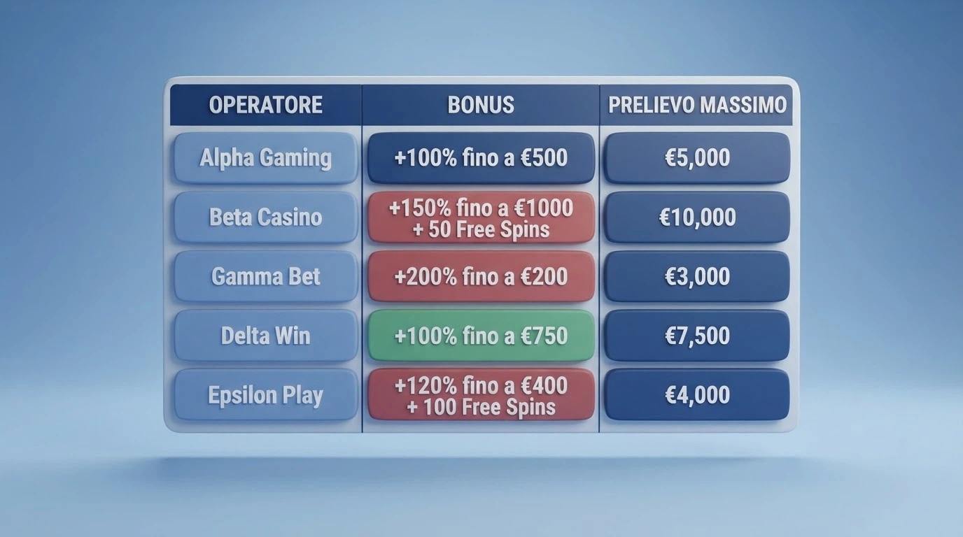 Una tabella comparativa stilizzata con le colonne operatore, bonus, wagering e prelievo massimo, affiancata dai loghi ufficiali dei casinò ADM