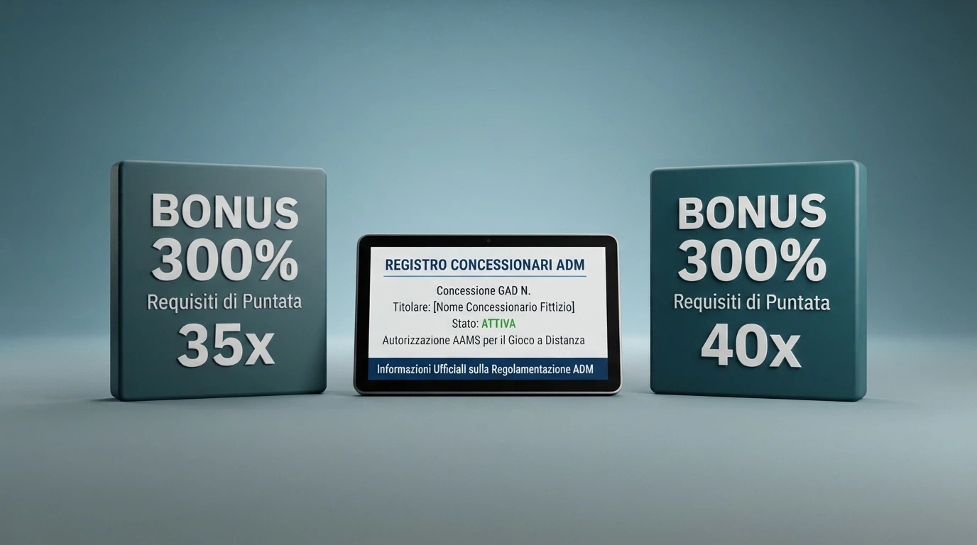 Due loghi di casinò online affiancati da etichette che riportano «300%», «35x» e «40x», con lo sfondo di uno schermo che mostra un registro concessioni