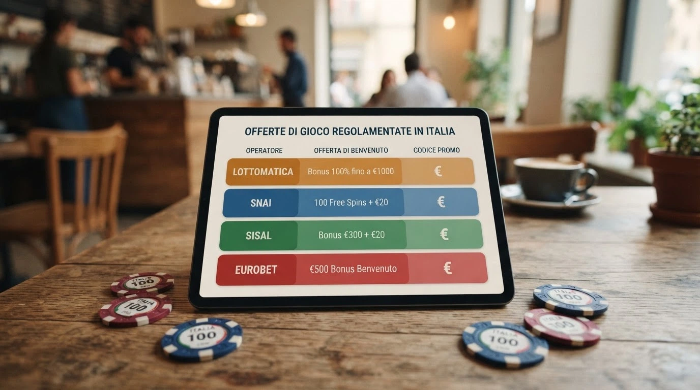 Una tabella comparativa stilizzata con le carte dei 10 operatori ADM recensiti, ciascuna con il proprio logo e la cifra del bonus benvenuto in evidenza.