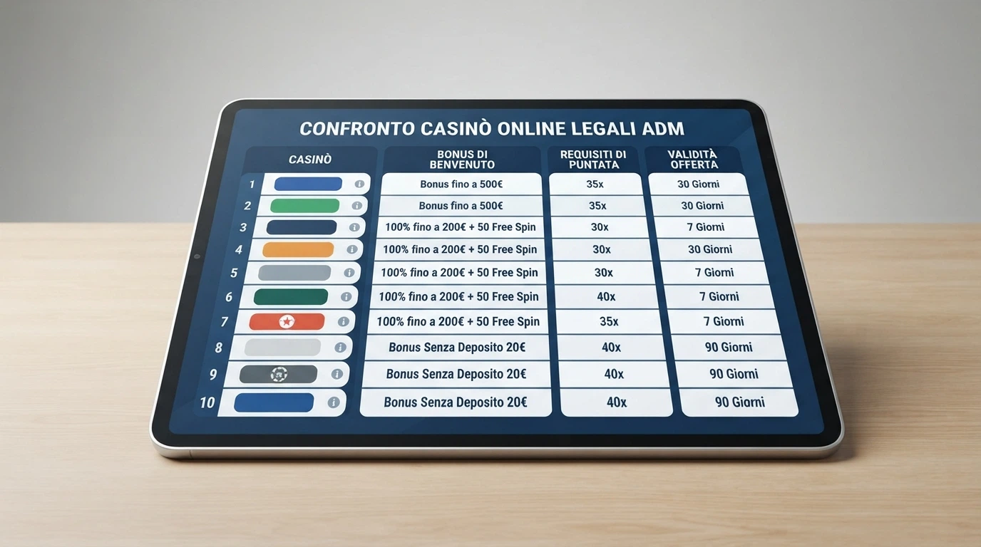 Una tabella comparativa stilizzata con i loghi dei casinò ADM recensiti, affiancati alle icone di bonifico bancario, scudo di sicurezza e orologio