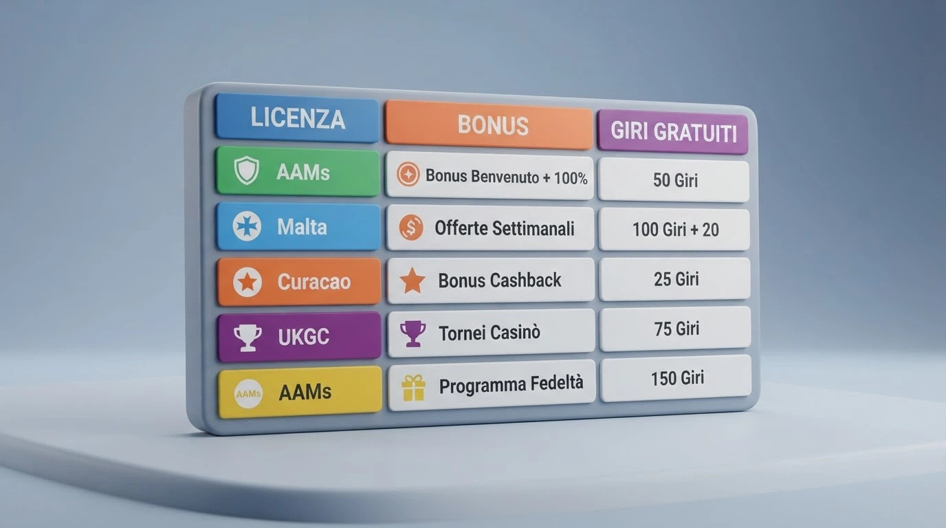 Una tabella comparativa stilizzata con le colonne licenza, bonus e giri gratuiti, affiancata dalle icone delle licenze MGA, Curaçao e ADM
