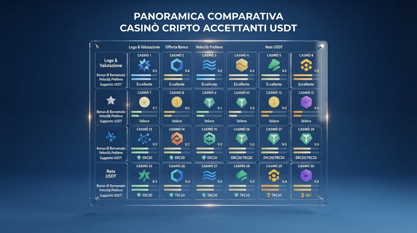 Una schermata comparativa con i loghi e le caratteristiche principali dei casinò crypto che accettano USDT disposti in una griglia ordinata