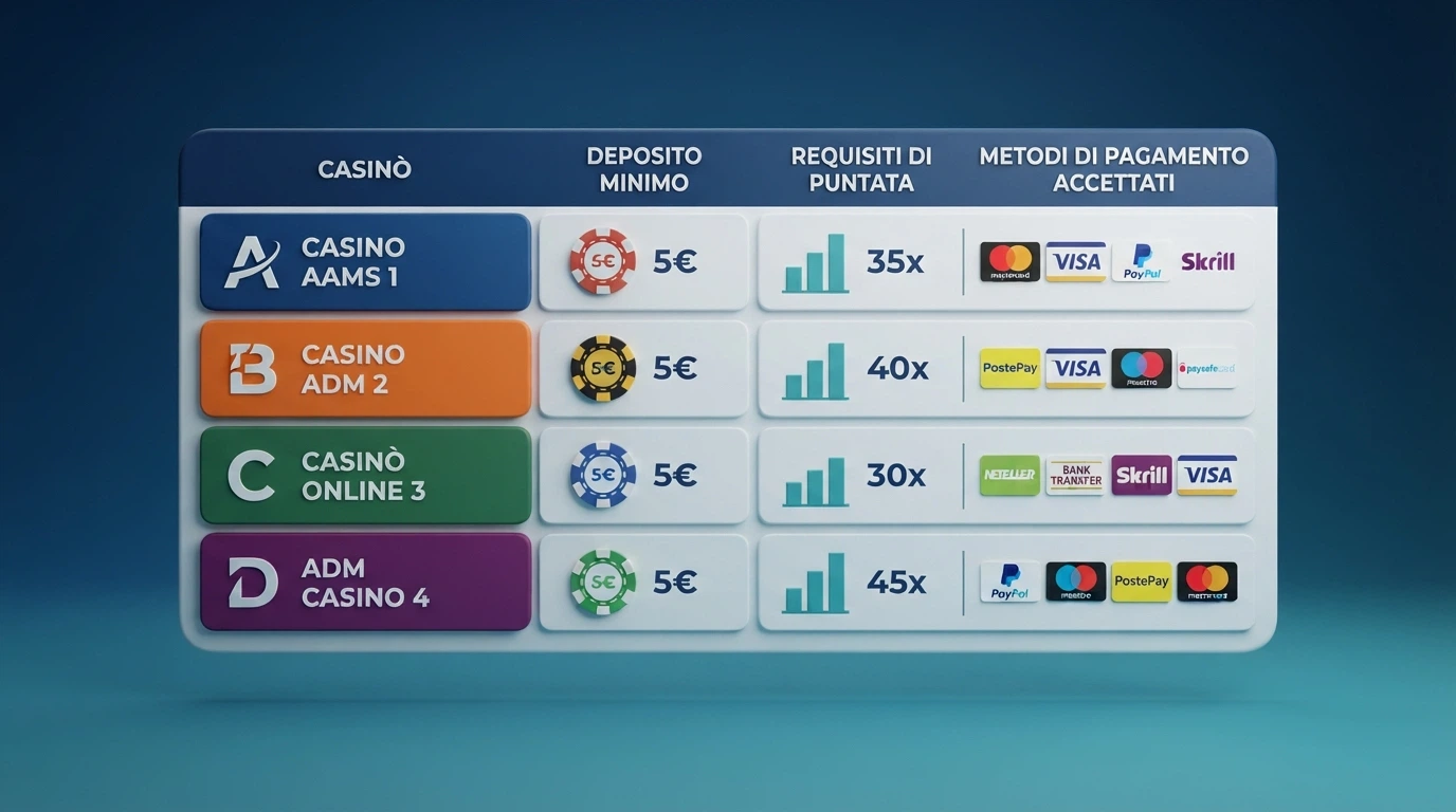 Tabella comparativa con i loghi e le condizioni principali dei casinò ADM che accettano un deposito minimo di 5 euro