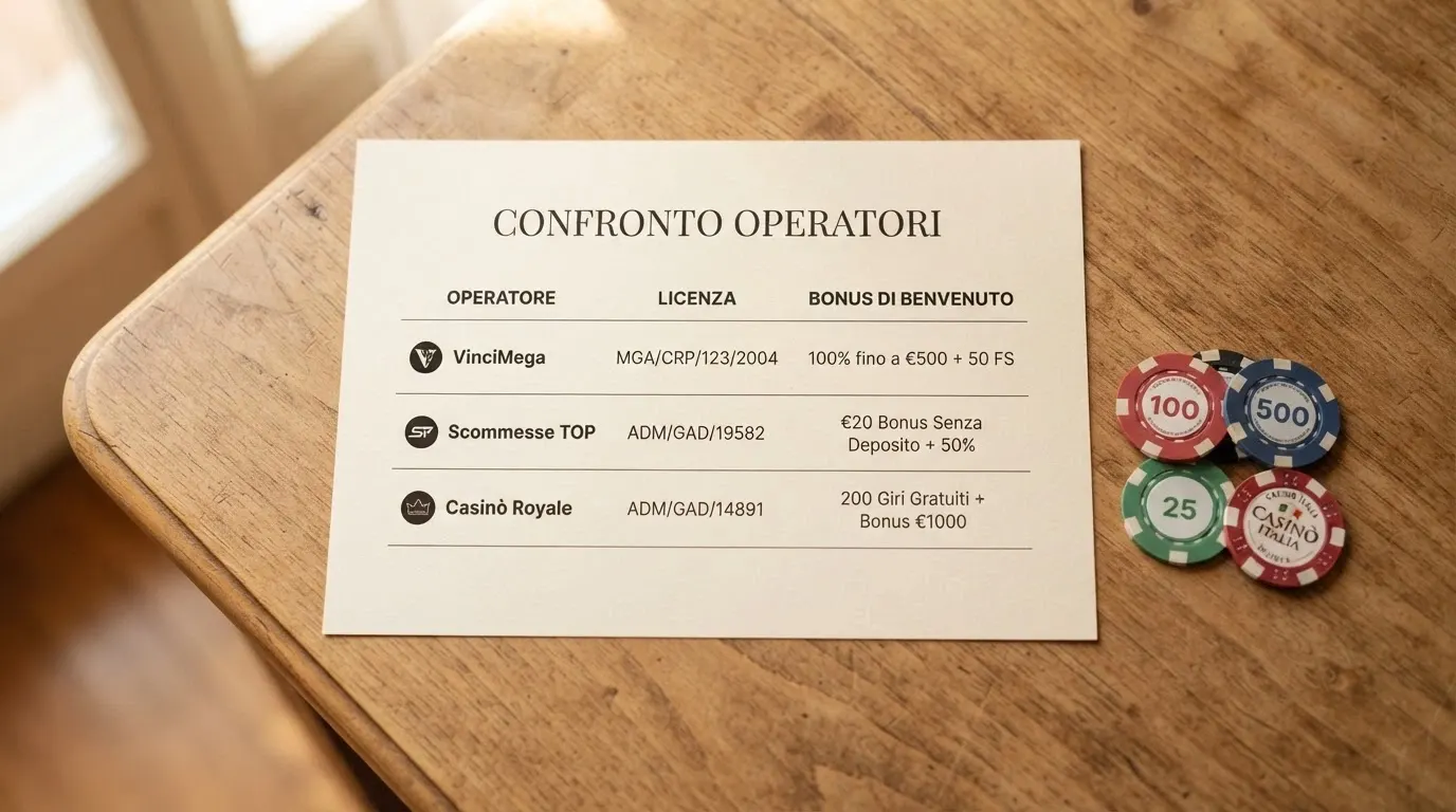 Una tabella comparativa stilizzata con le colonne operatore, licenza e bonus di benvenuto, affiancata dalle icone dei metodi di pagamento accettati