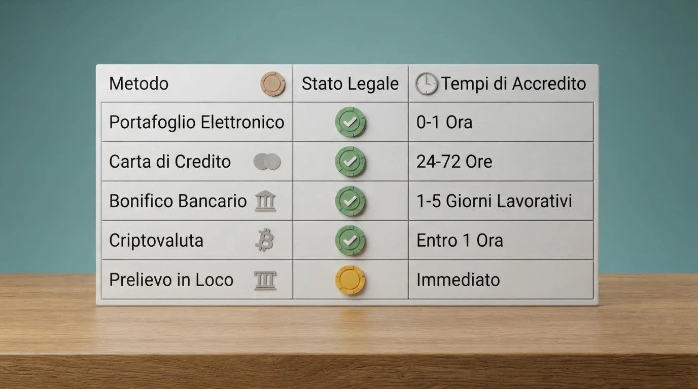 Una tabella comparativa stilizzata con le colonne operatore, status legale, metodi di prelievo e tempi di accredito, con i loghi degli operatori in bianco e nero