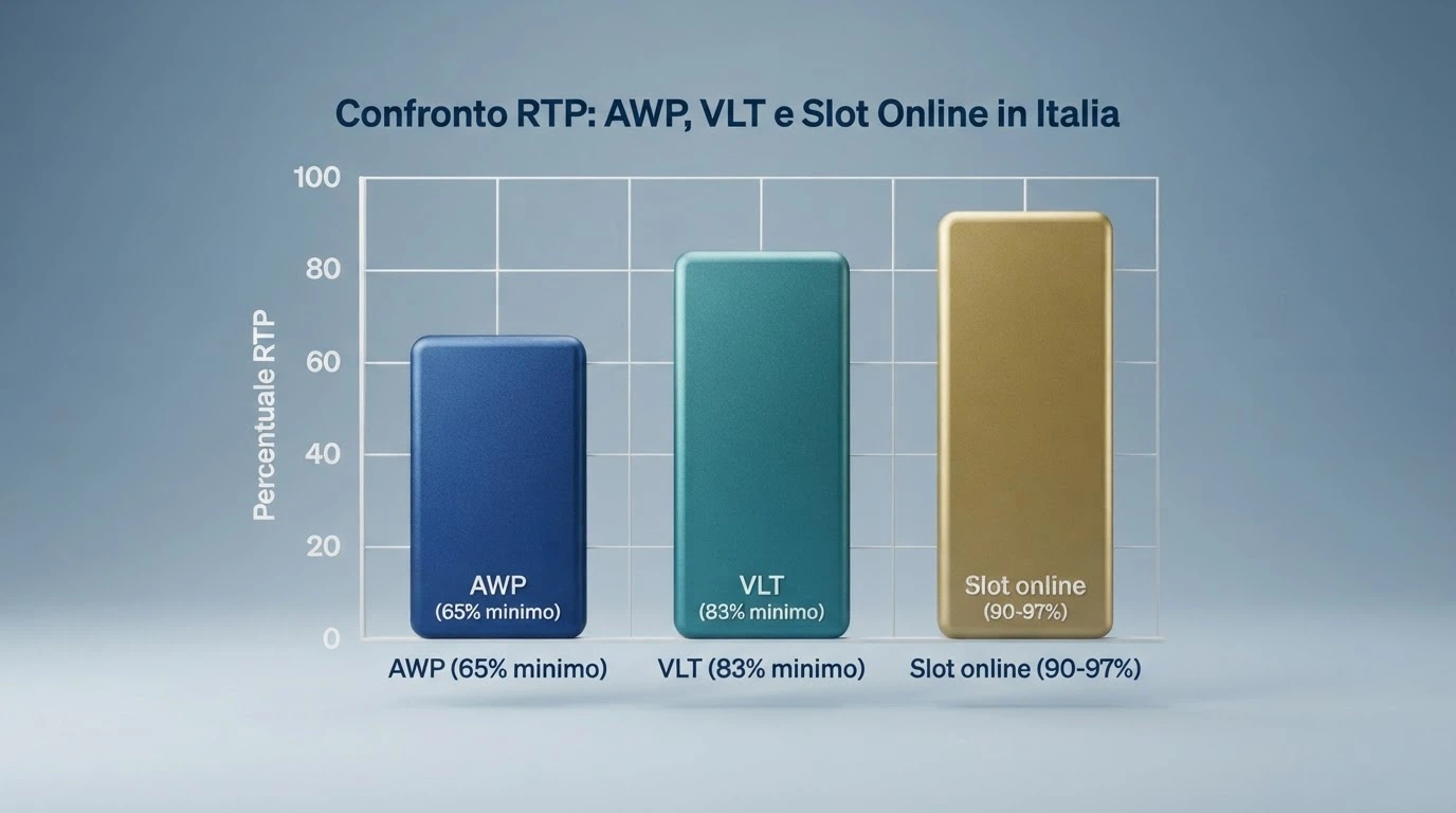 Grafico a barre che confronta le percentuali RTP minime di legge per AWP, VLT e slot online