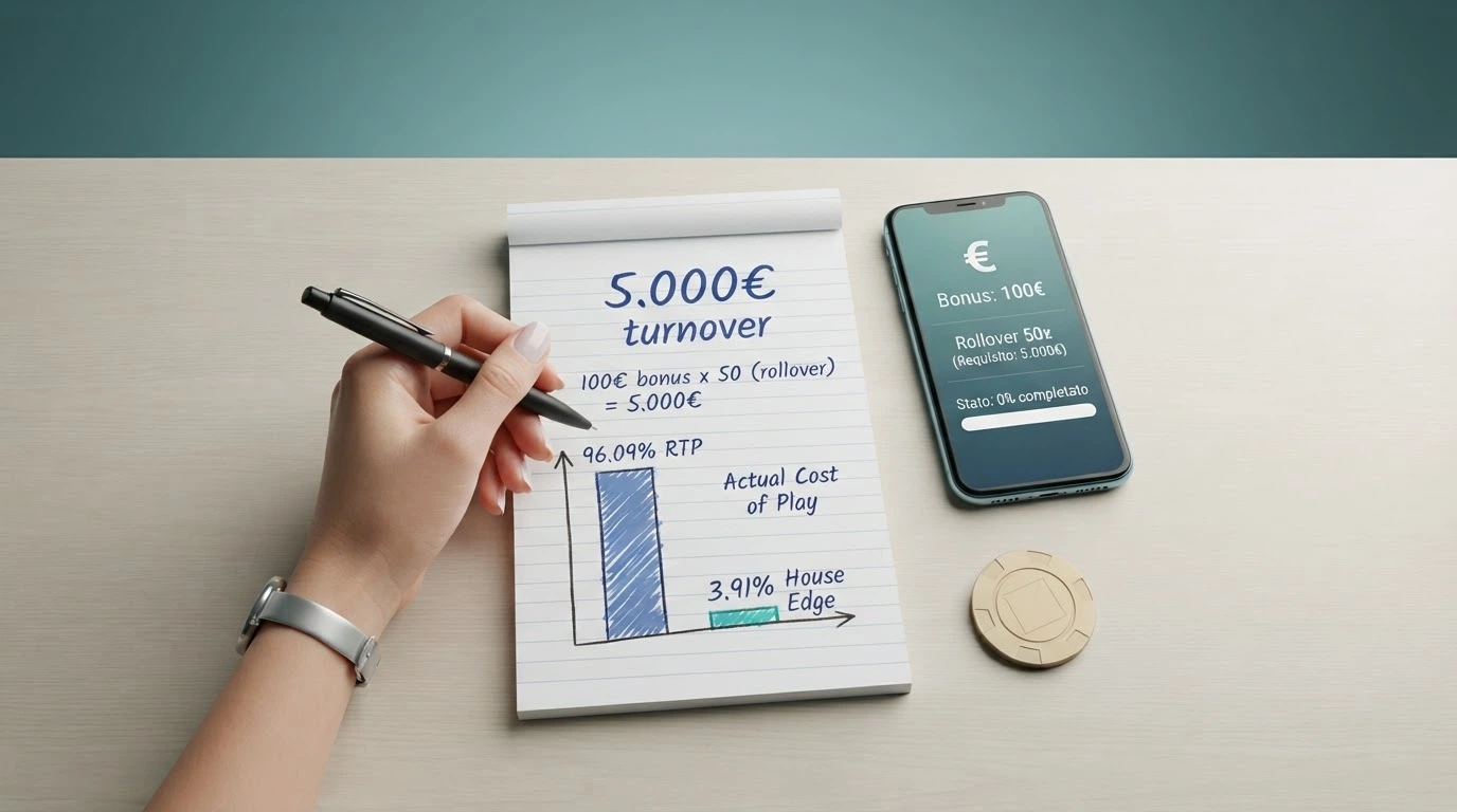 Una calcolatrice accanto a un telefono con la schermata di un bonus casino, con la formula «5.000€ di turnover» sovrapposta e il simbolo della percentuale RTP