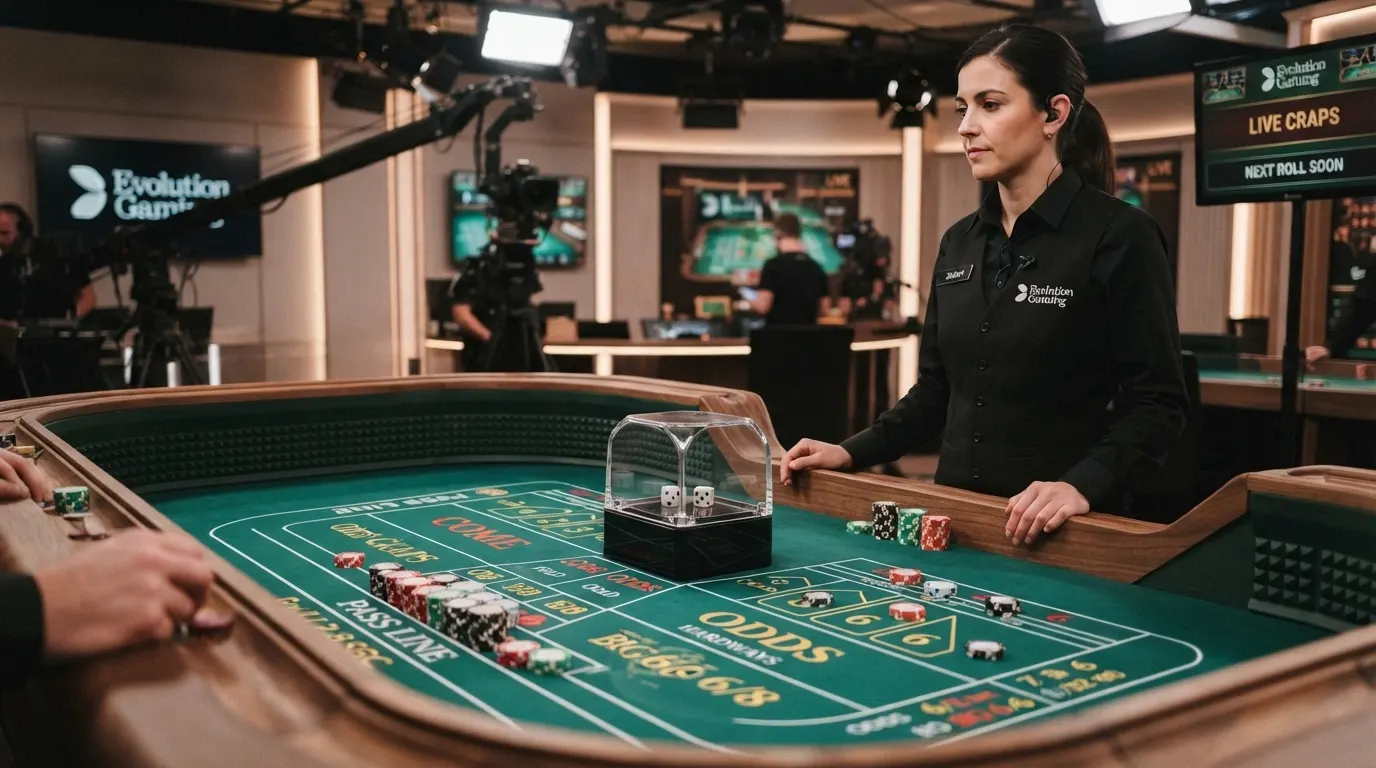 Tavolo da craps live con lanciatore meccanico in uno studio Evolution Gaming, croupier inquadrato accanto al tavolo