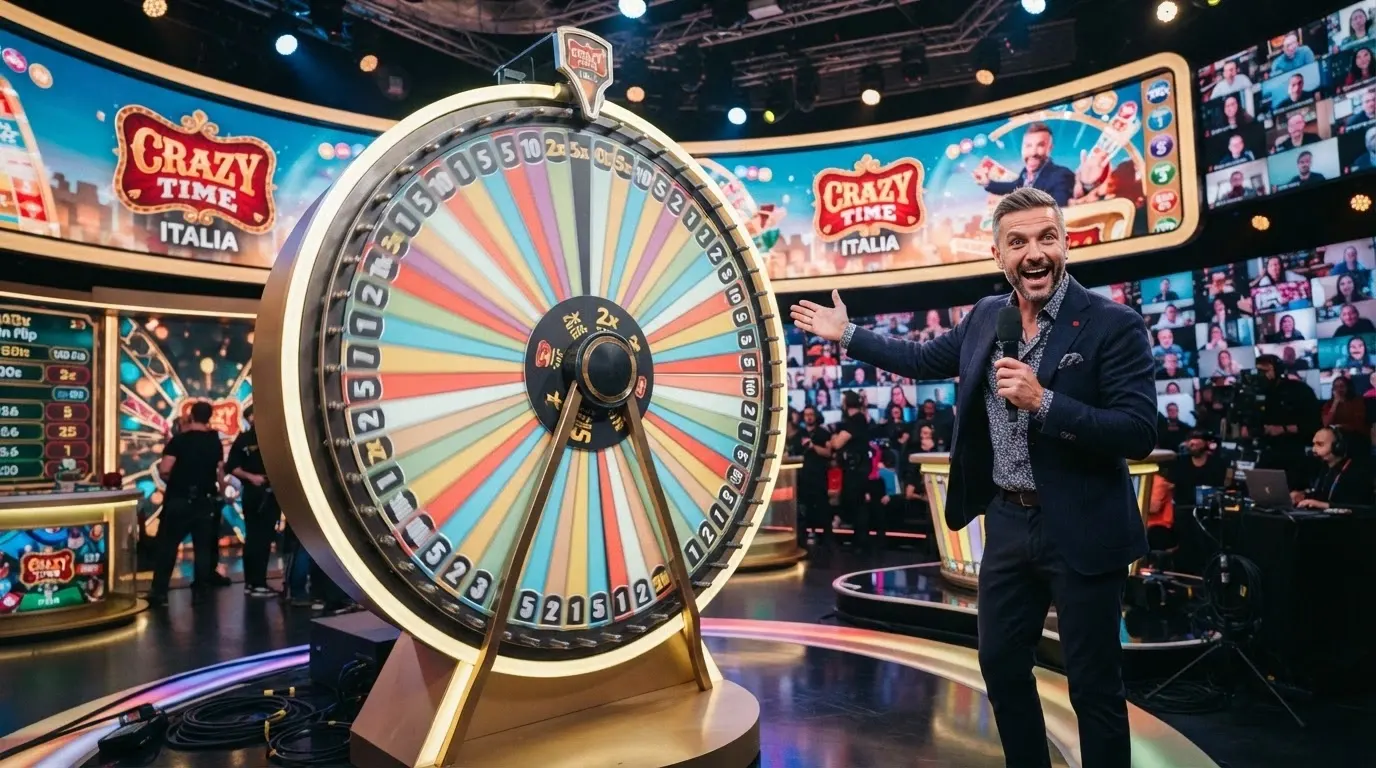 La ruota di Crazy Time Italia in rotazione con un presentatore madrelingua inquadrato, grafica colorata e pubblico virtuale sullo sfondo della schermata di gioco
