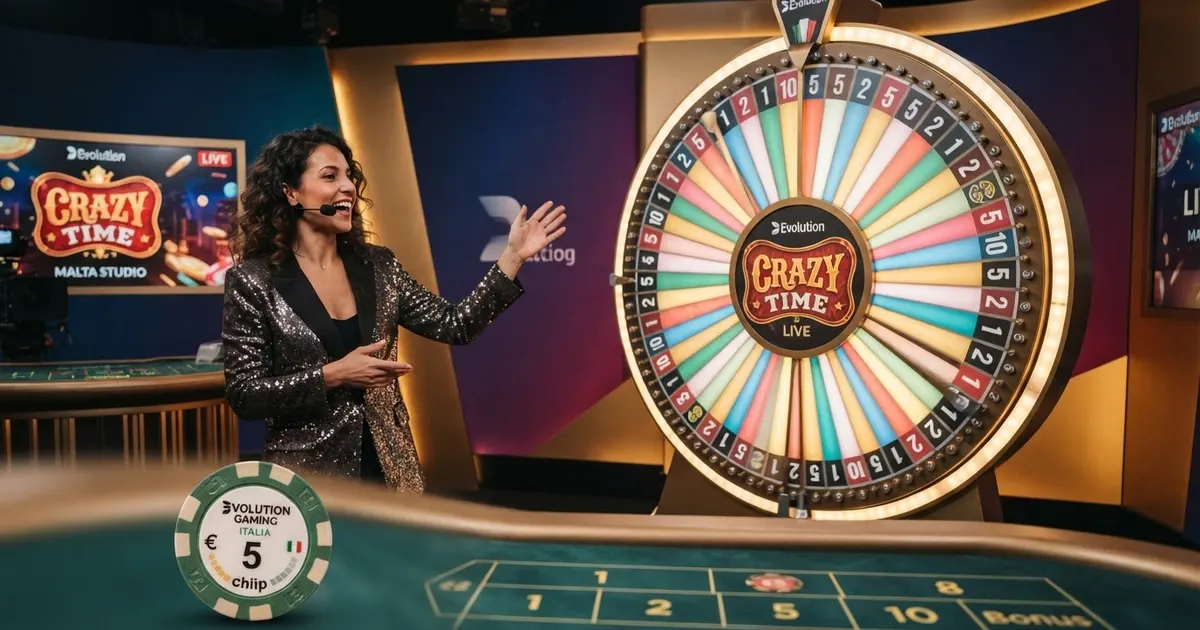Una ruota verticale da game show live con segmenti numerici e bonus, condotta da un presentatore in studio, con l'interfaccia di puntata visibile in primo piano