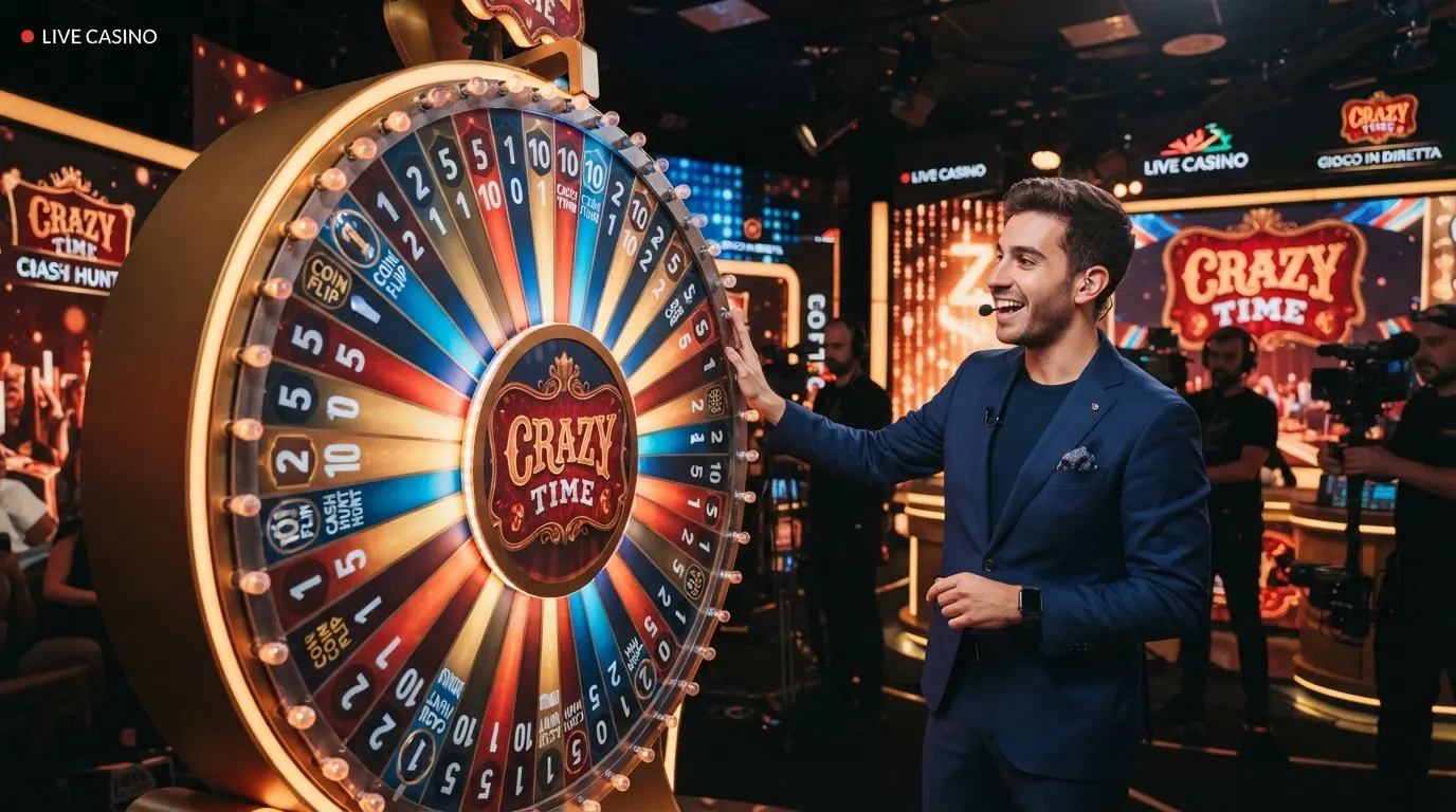 La ruota di Crazy Time in primo piano durante un round bonus, con il conduttore in piedi accanto alla ruota e l'interfaccia di puntata visibile in sovrimpressione