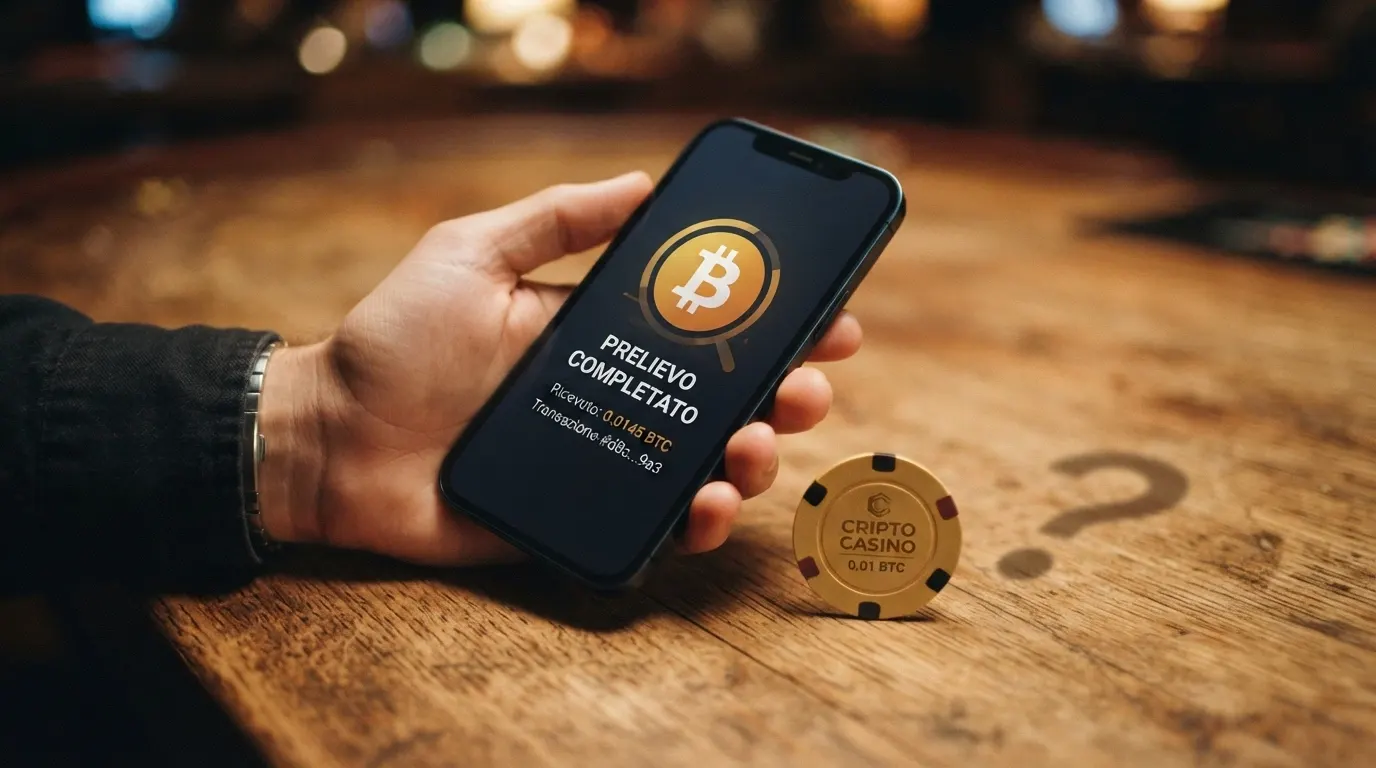 Una mano che tiene uno smartphone con il logo Bitcoin sullo schermo, accanto al simbolo di un prelievo istantaneo e all'ombra di un punto interrogativo