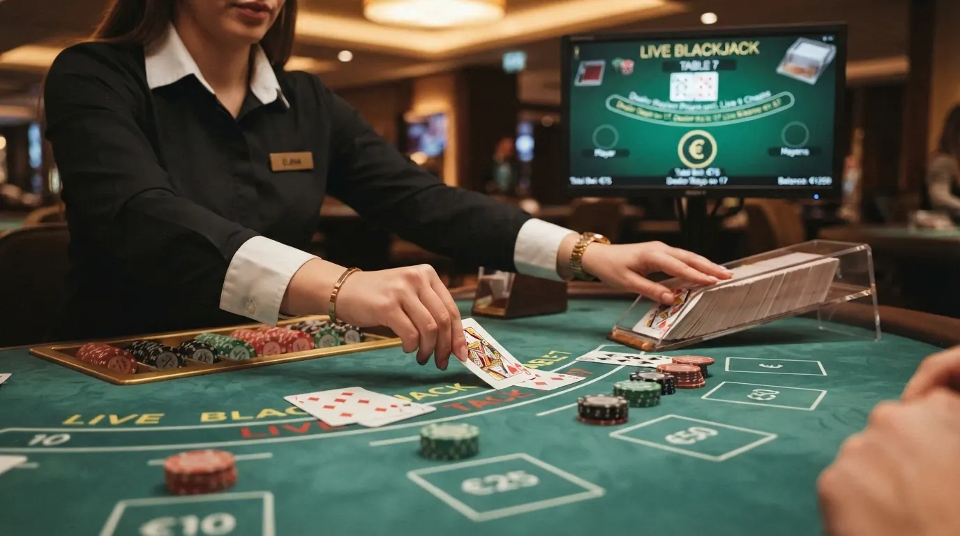 Primo piano di un croupier che distribuisce carte su un tavolo da blackjack live, con monitor che mostra l'interfaccia di gioco e le aree puntata