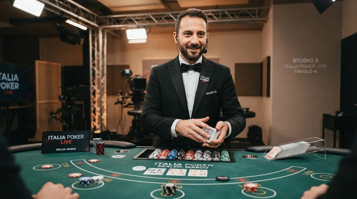 Un croupier italiano in alta definizione dietro un tavolo da poker professionale, con il logo del provider live visibile sullo sfondo dello studio e l'interfaccia di puntata in italiano