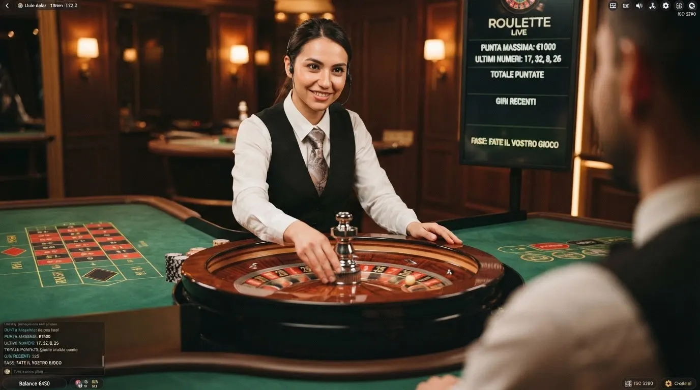 Tavolo di roulette live con croupier inquadrato in primo piano, interfaccia di gioco in italiano su dispositivo desktop