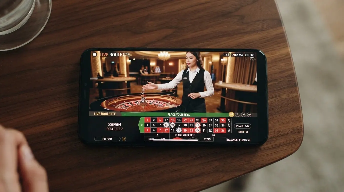 L'interfaccia di un tavolo di roulette live in streaming sullo schermo di uno smartphone, con il croupier inquadrato e le puntate selezionabili a tocco