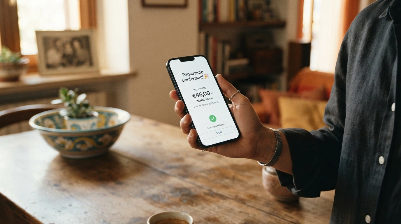 Un iPhone che mostra la schermata di conferma di un deposito Apple Pay con l'importo in euro