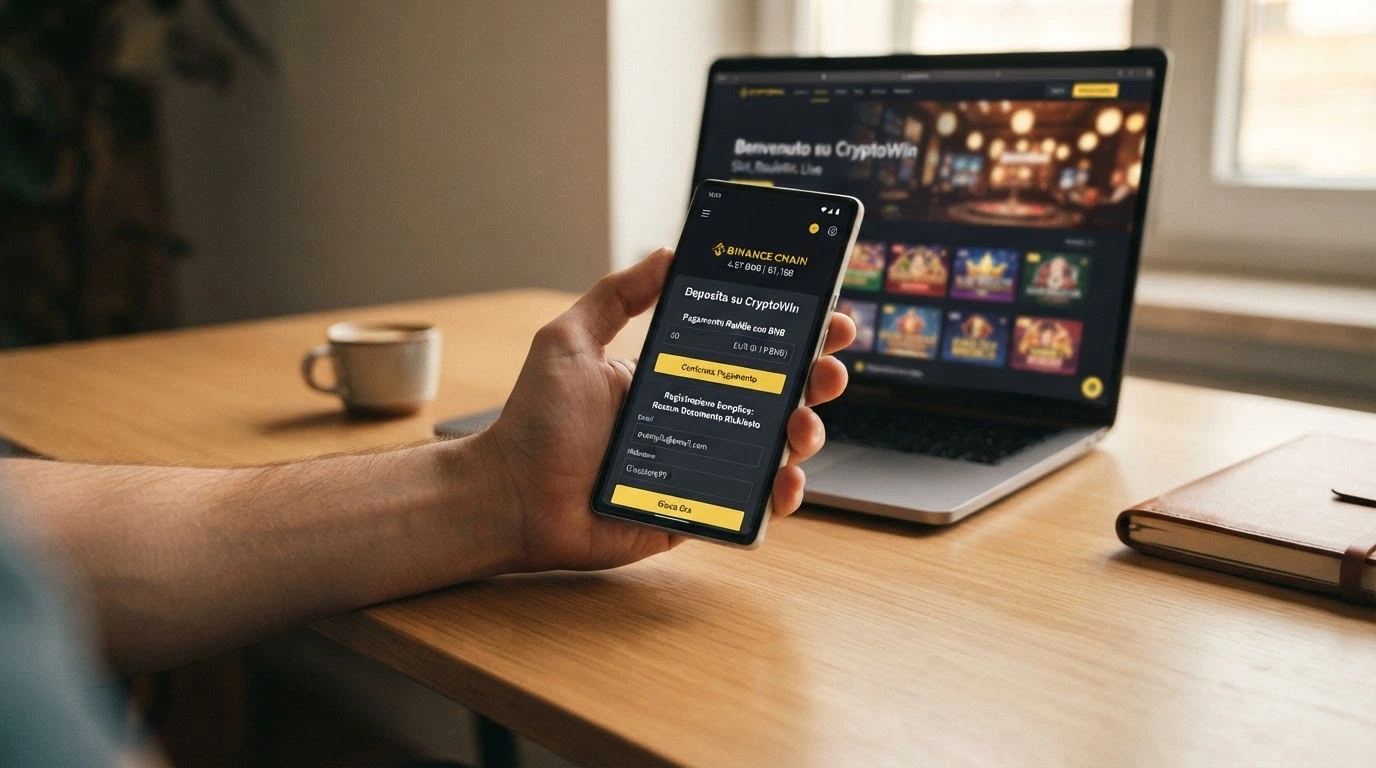 Uno smartphone che mostra un wallet di criptovalute con il logo BNB accanto alla schermata di registrazione di un casinò online, senza moduli per documenti